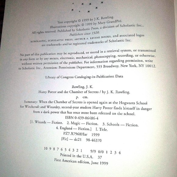 Harry Potter Chamber of Secrets 1st American Edition 1st American Printing 1999 - Picture 10 of 15